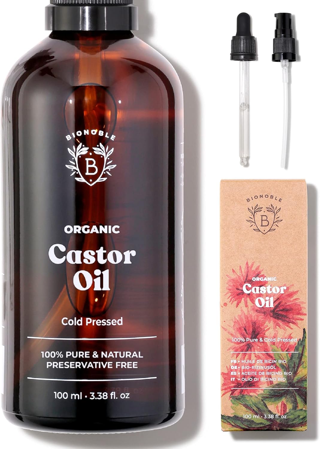 Bionoble Organic Castor Oil 100ml - 100% Pure, Natural, Cold Pressed - Lashes, Eyebrows, Body, Hair, Beard, Nails - Vegan, Cruelty Free - Glass Bottle + Pipette + Pump-0