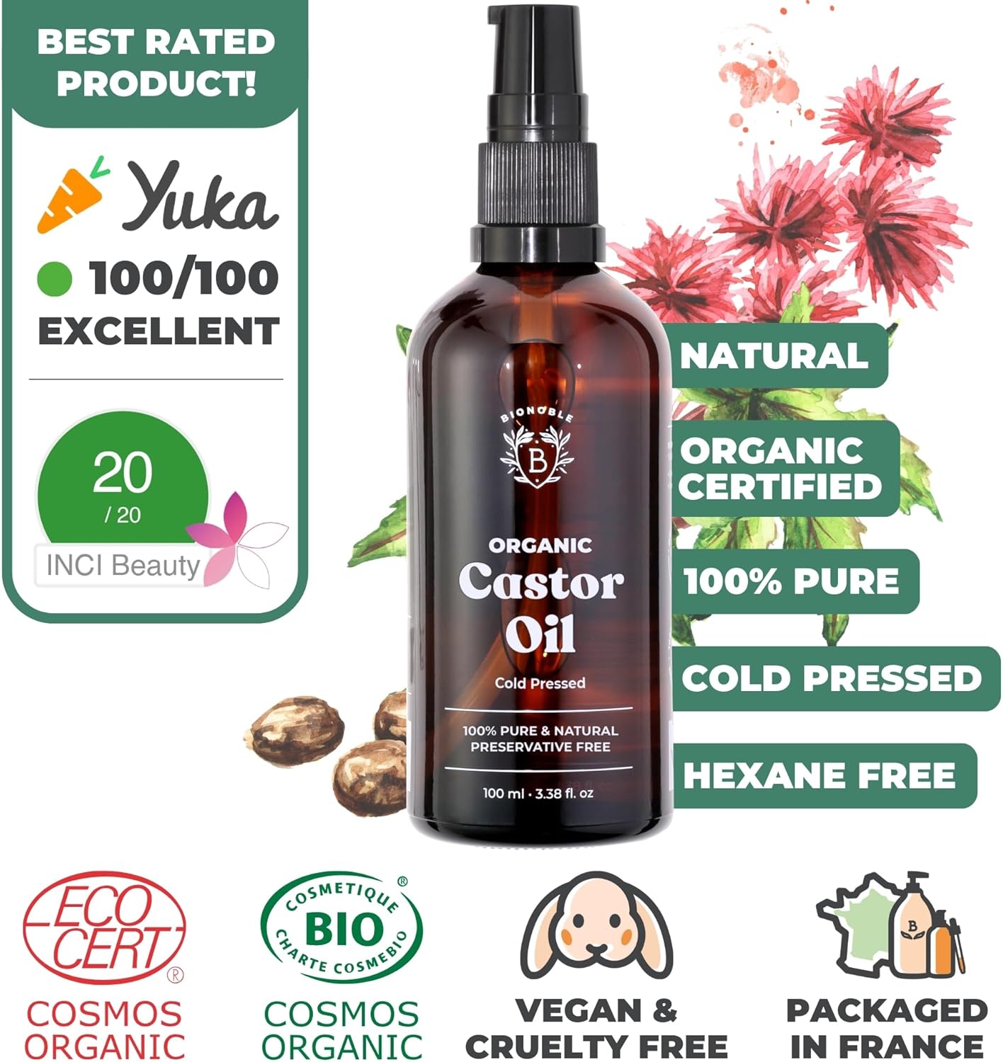 Bionoble Organic Castor Oil 100ml - 100% Pure, Natural, Cold Pressed - Lashes, Eyebrows, Body, Hair, Beard, Nails - Vegan, Cruelty Free - Glass Bottle + Pipette + Pump-1