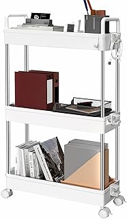 Ronlap 3 Tier Storage Trolley, Narrow Mobile Shelving Unit with Handle Hook Lock Wheels, Thin Rolling Utility Cart Slide Out Skinny Storage Organizer Tower for Kitchen Bathroom Laundry Room, White