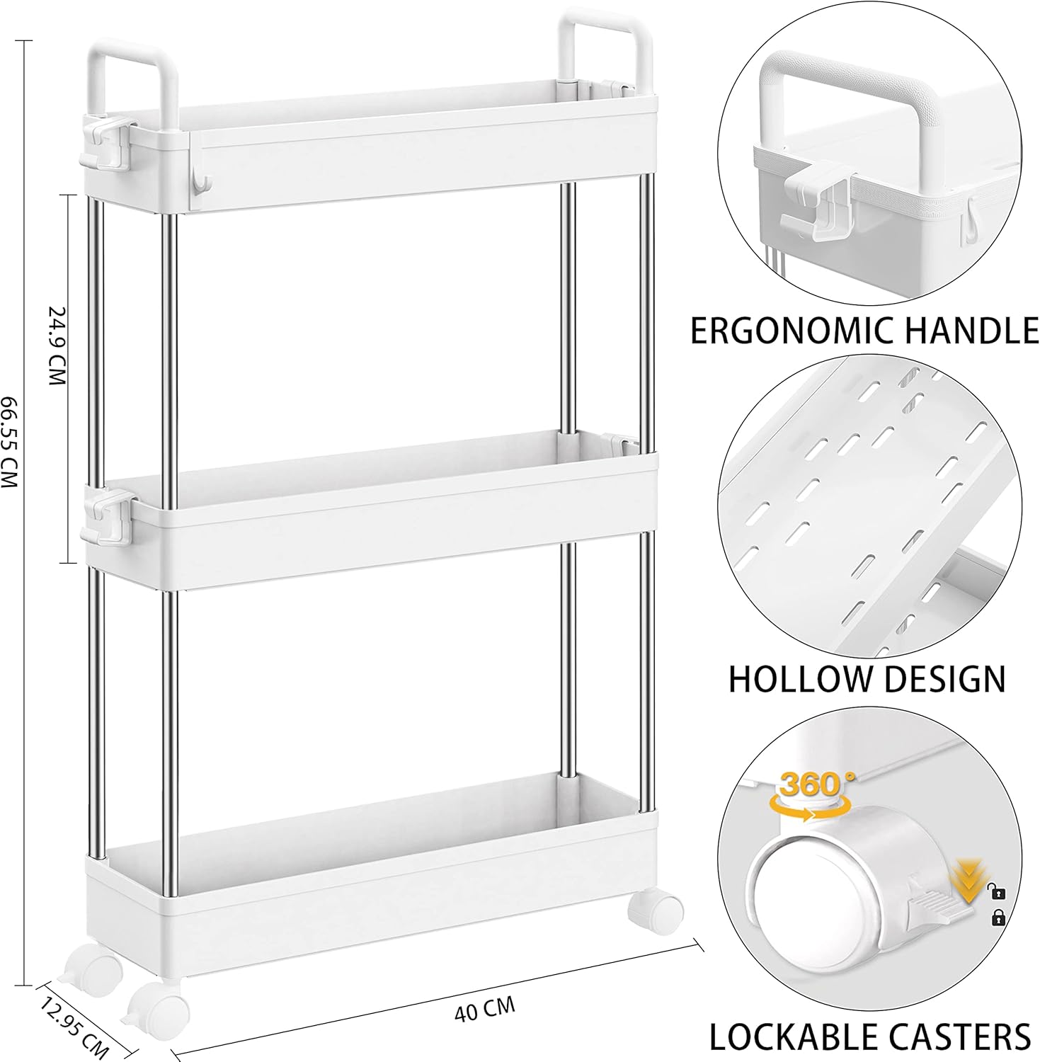 Ronlap 3 Tier Storage Trolley, Narrow Mobile Shelving Unit with Handle Hook Lock Wheels, Thin Rolling Utility Cart Slide Out Skinny Storage Organizer Tower for Kitchen Bathroom Laundry Room, White-2