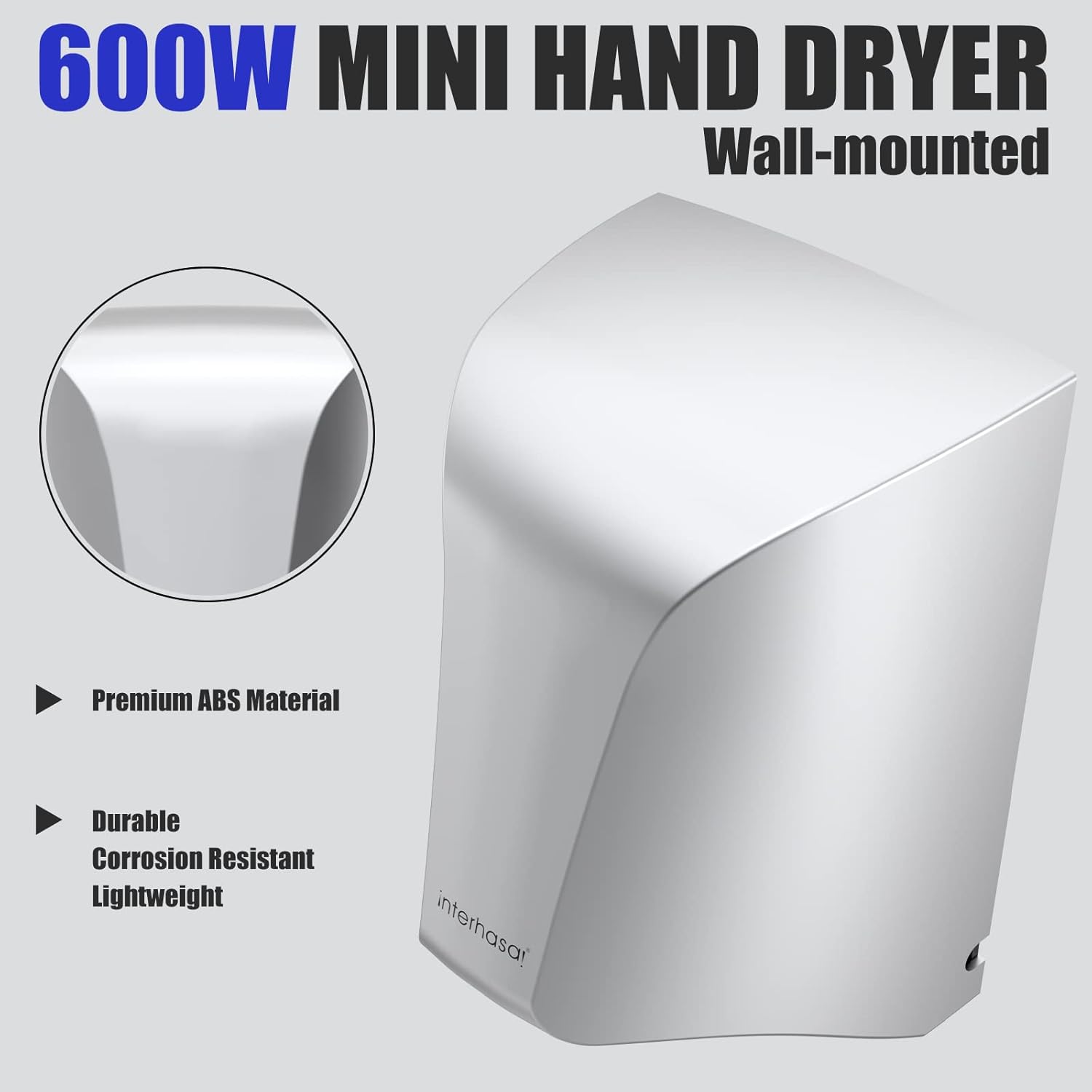 interhasa! Automatic Hand Dryer Wall-mounted Mini High Speed Dryer with 600W Energy Efficient for Household Hotel Commercial (Sliver)-2