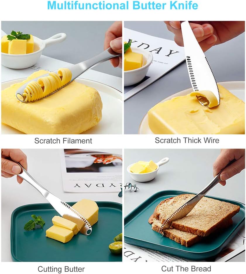 HAHAYOO The Better Butter Spreader Knife, Butter Knife Spreaders, Stainless Steel Butter Knives Curler, Butter Knifes for Cold Butter Slicer with Holes, Butter Grater, 3 in 1 Kitchen Gadgets Serrated-3