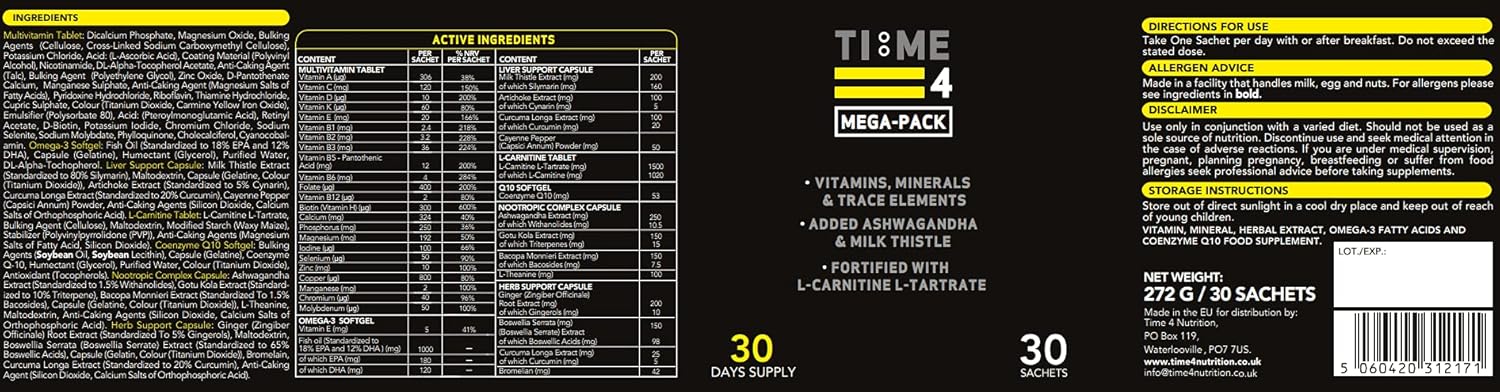 Time 4 Mega - Pack 30 Day Supply - Ultra High Strength Vitamins, Minerals, Trace Elements, Herbal Extracts, Omega 3 Fatty Acids, L-Carnitine, CoQ10, Liver Support Liver Health & Nootropic Complex-6