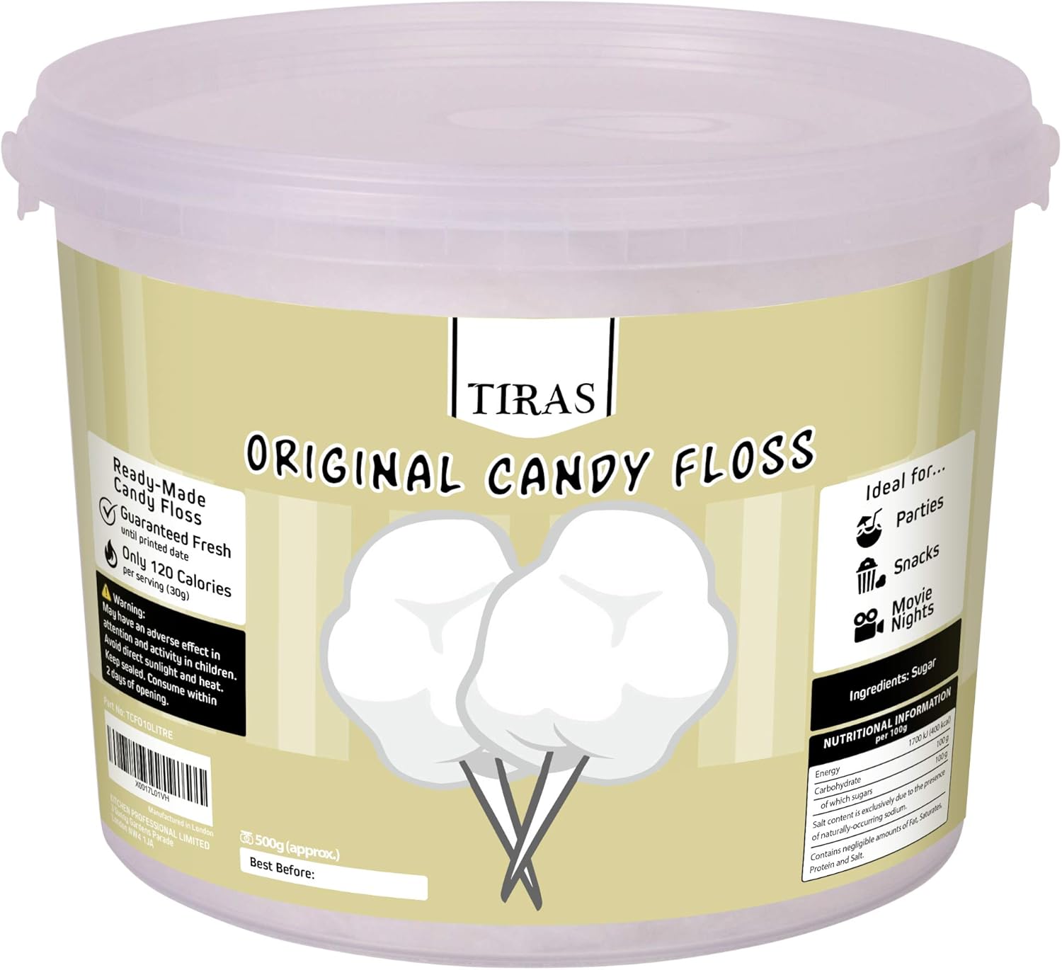 White Candy Floss - Prepared Fluffy Cotton Candy, Perfect for Parties and Events - Large Candy Floss Tub (500g)-0