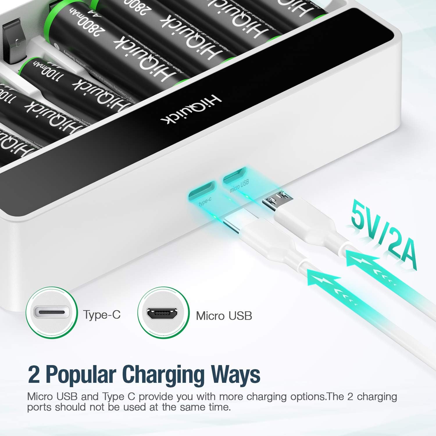 HiQuick 8-slot AA AAA LCD Battery Charger, 5V 2A Fast Charging Function, Type C and Micro USB Input, with 8 x 1100mAh AAA NI-MH Rechargeable Batteries, Battery and Charger Set-3