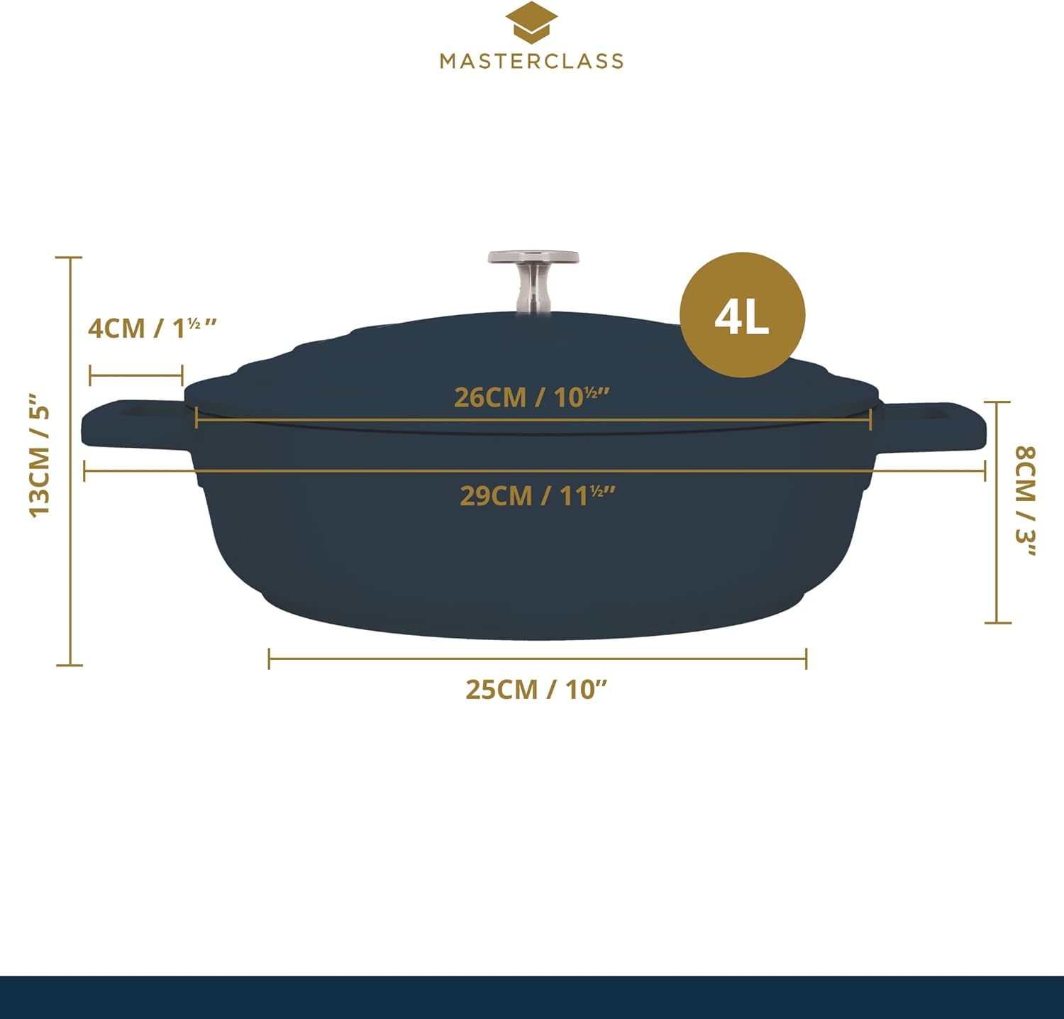 MasterClass Shallow Casserole Dish with Lid 4 Litre/28 cm, Lightweight Cast Aluminium, Induction Hob and Oven Safe, Blue-1