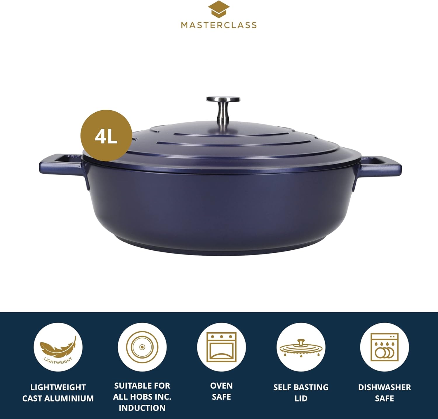 MasterClass Shallow Casserole Dish with Lid 4 Litre/28 cm, Lightweight Cast Aluminium, Induction Hob and Oven Safe, Blue-2