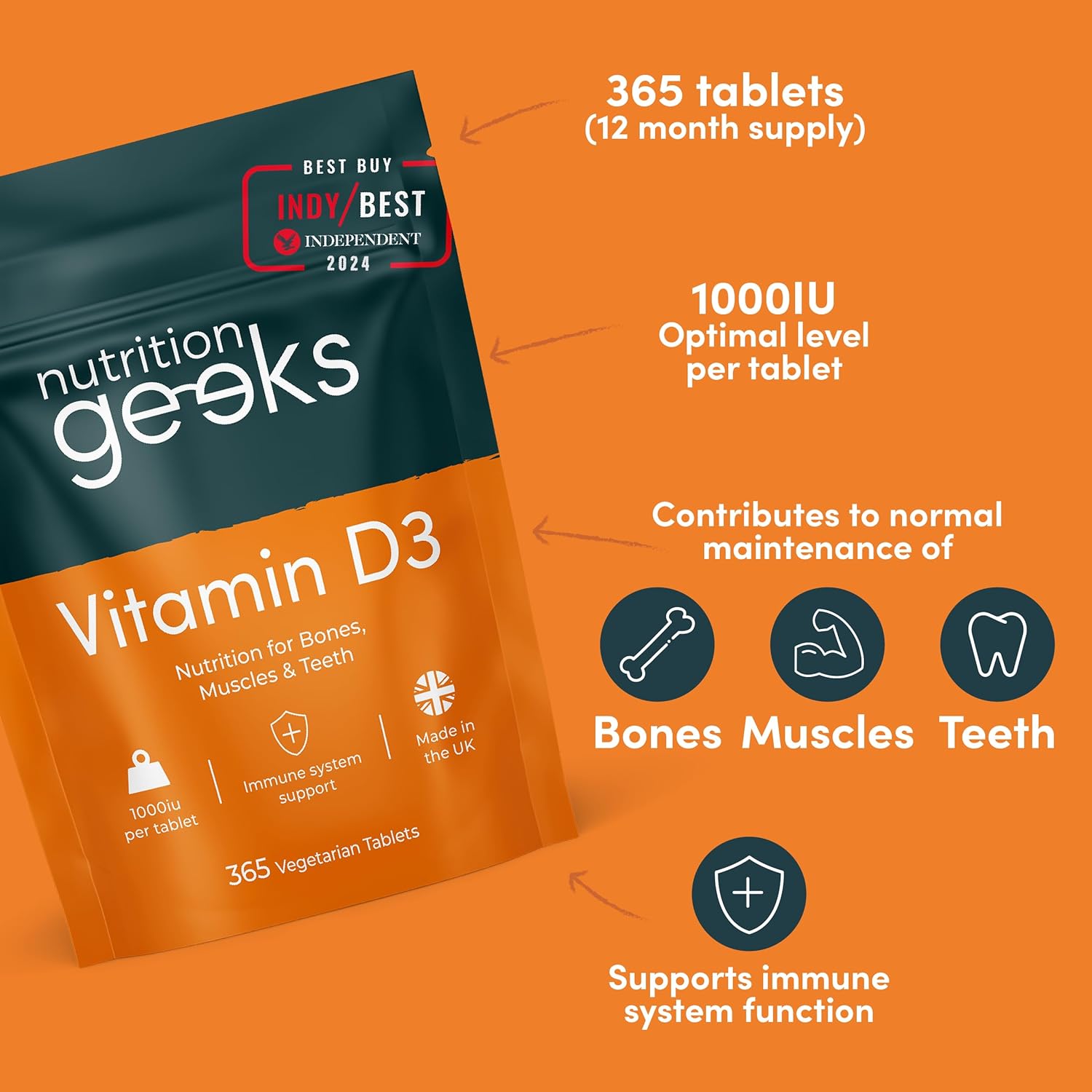 Vitamin D 1000iu - 1 Year Supply, 365 Easy-Swallow Vitamin D Tablets, Vegetarian Vitamin D3, High Strength Immune Support Supplement - Awarded by The Independent UK-2