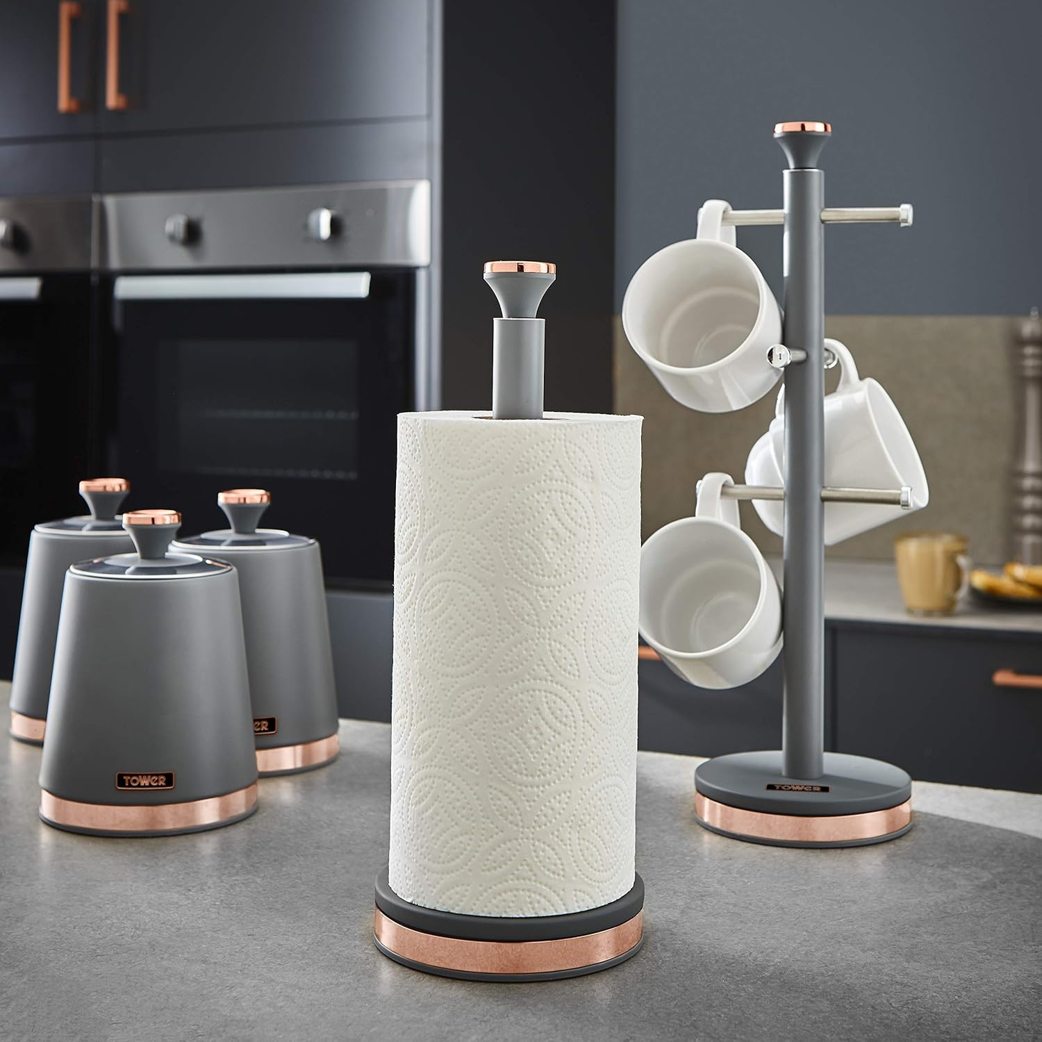 Tower T826133GRY Cavaletto Towel Pole Kitchen Roll Holder with Soft Underliner, Grey and Rose Gold-2