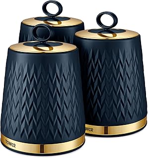 Tower T826091MNB Empire Kitchen Storage Canisters, Tea, Coffee, Sugar, Set of 3, Midnight Blue