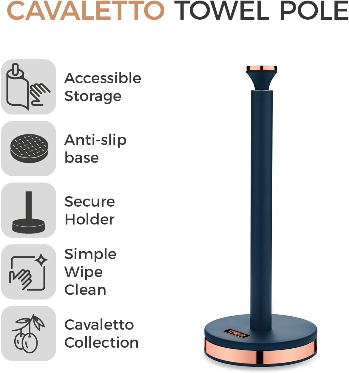 Tower T826133MNB Cavaletto Towel Pole Kitchen Roll Holder with Soft Underliner, Midnight Blue and Rose Gold-1