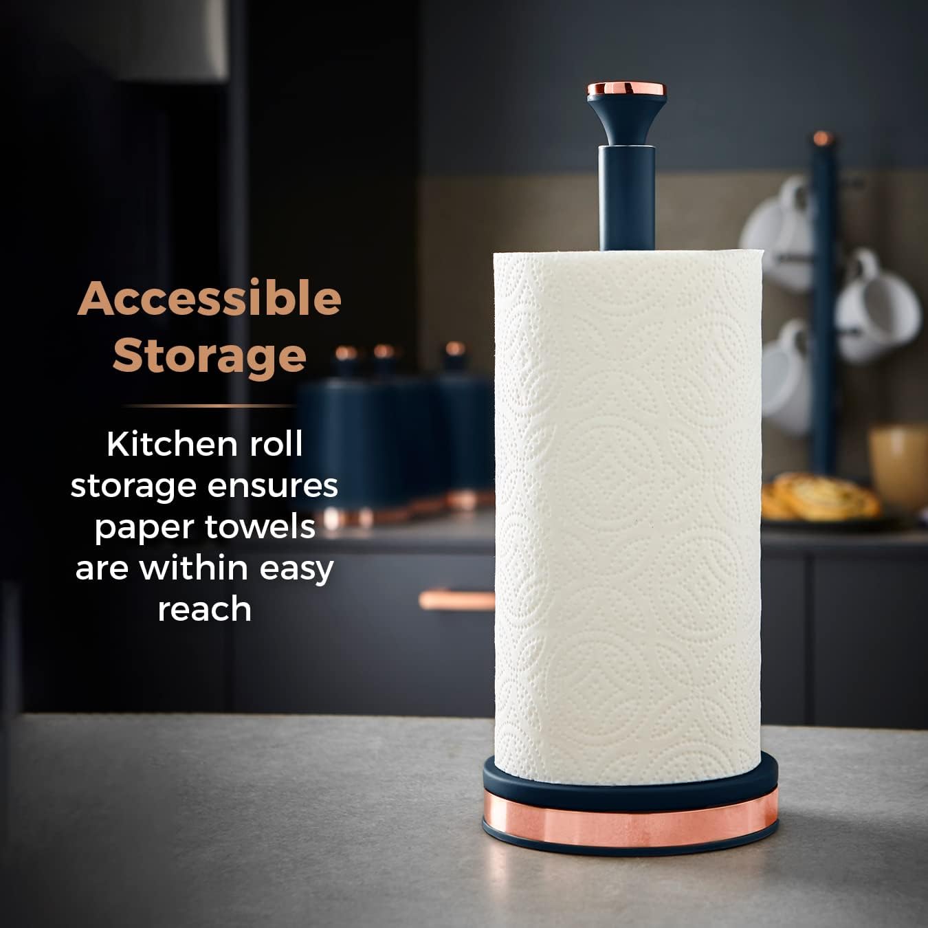 Tower T826133MNB Cavaletto Towel Pole Kitchen Roll Holder with Soft Underliner, Midnight Blue and Rose Gold-2