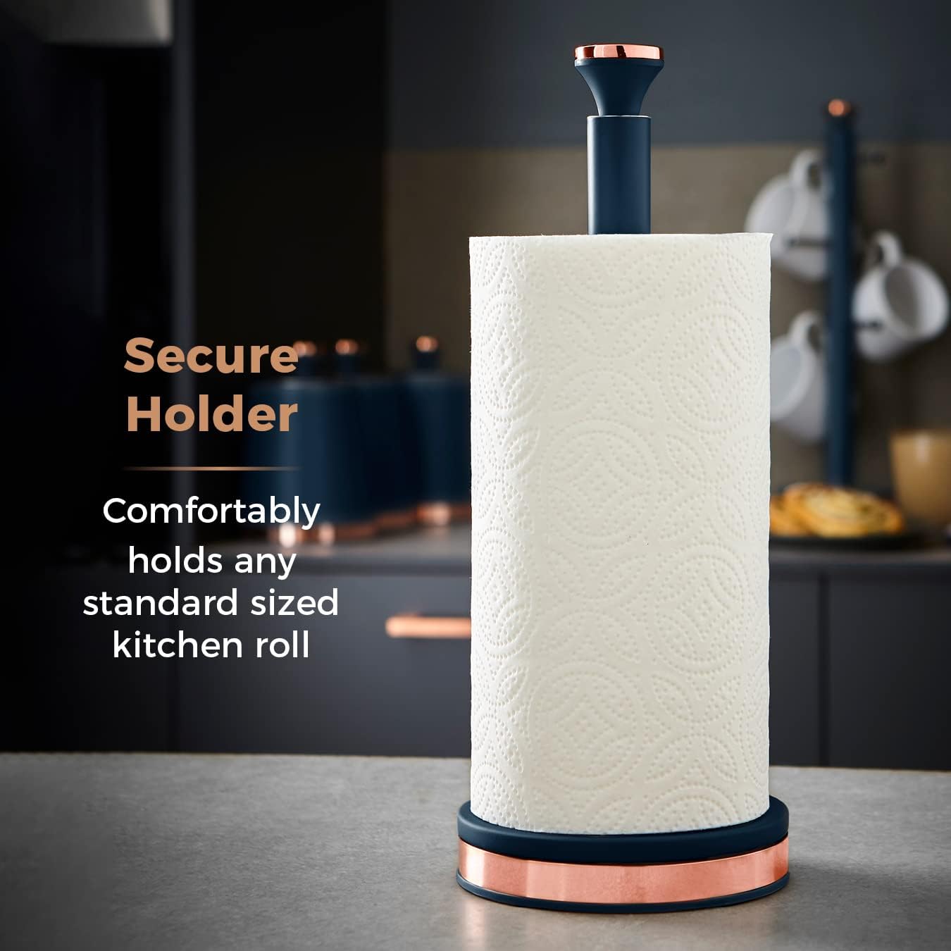 Tower T826133MNB Cavaletto Towel Pole Kitchen Roll Holder with Soft Underliner, Midnight Blue and Rose Gold-4