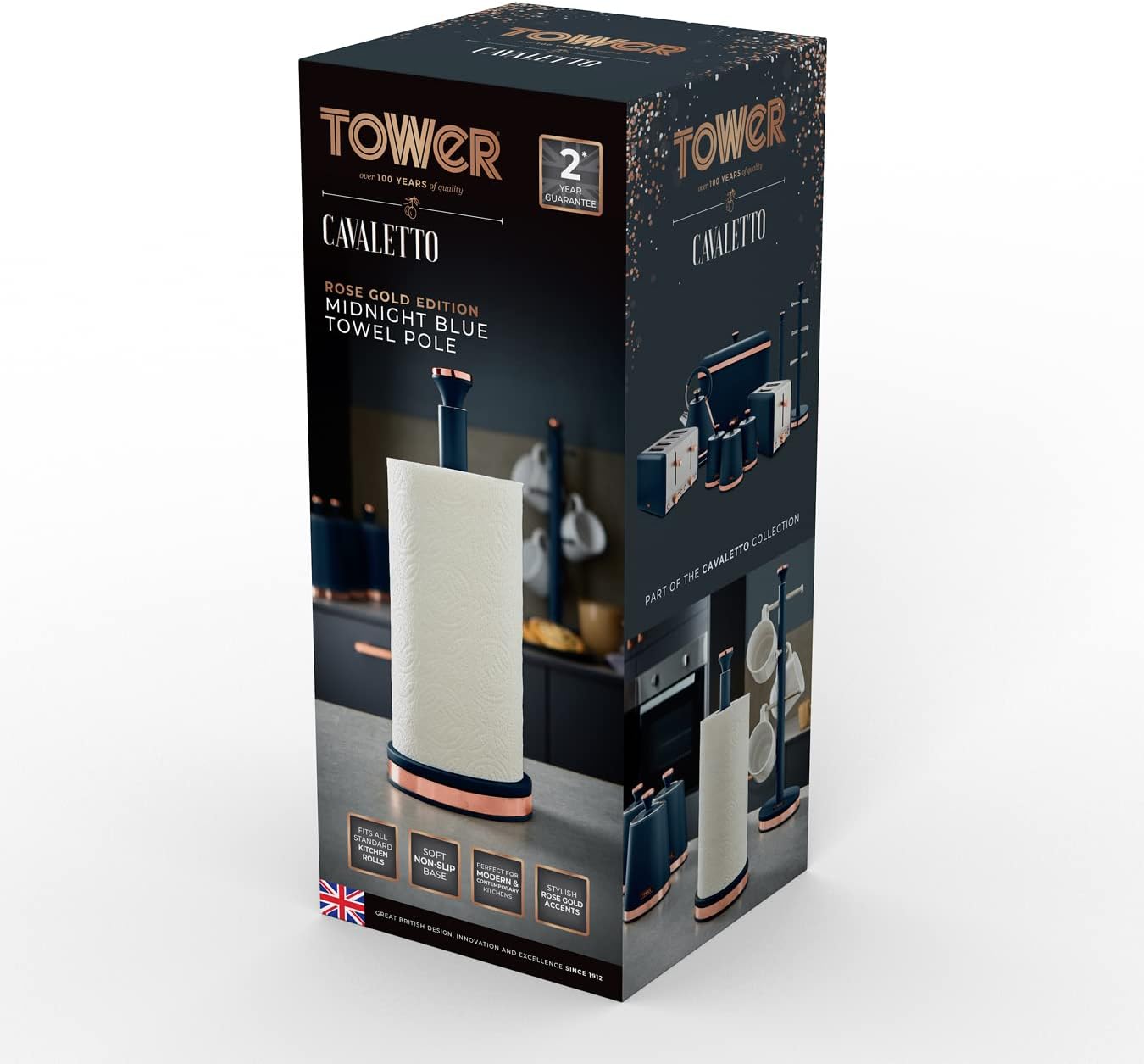 Tower T826133MNB Cavaletto Towel Pole Kitchen Roll Holder with Soft Underliner, Midnight Blue and Rose Gold-8