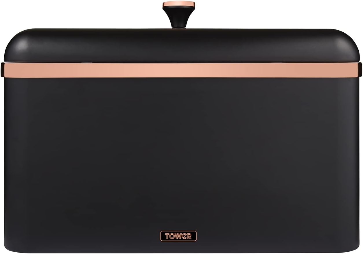 Tower T826130BLK Cavaletto Bread Bin with Removable Lid, Large Capacity, Durable Steel Body, Black and Rose Gold-0