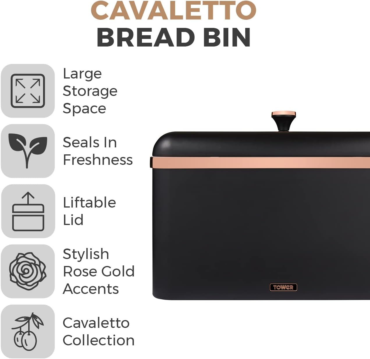 Tower T826130BLK Cavaletto Bread Bin with Removable Lid, Large Capacity, Durable Steel Body, Black and Rose Gold-1