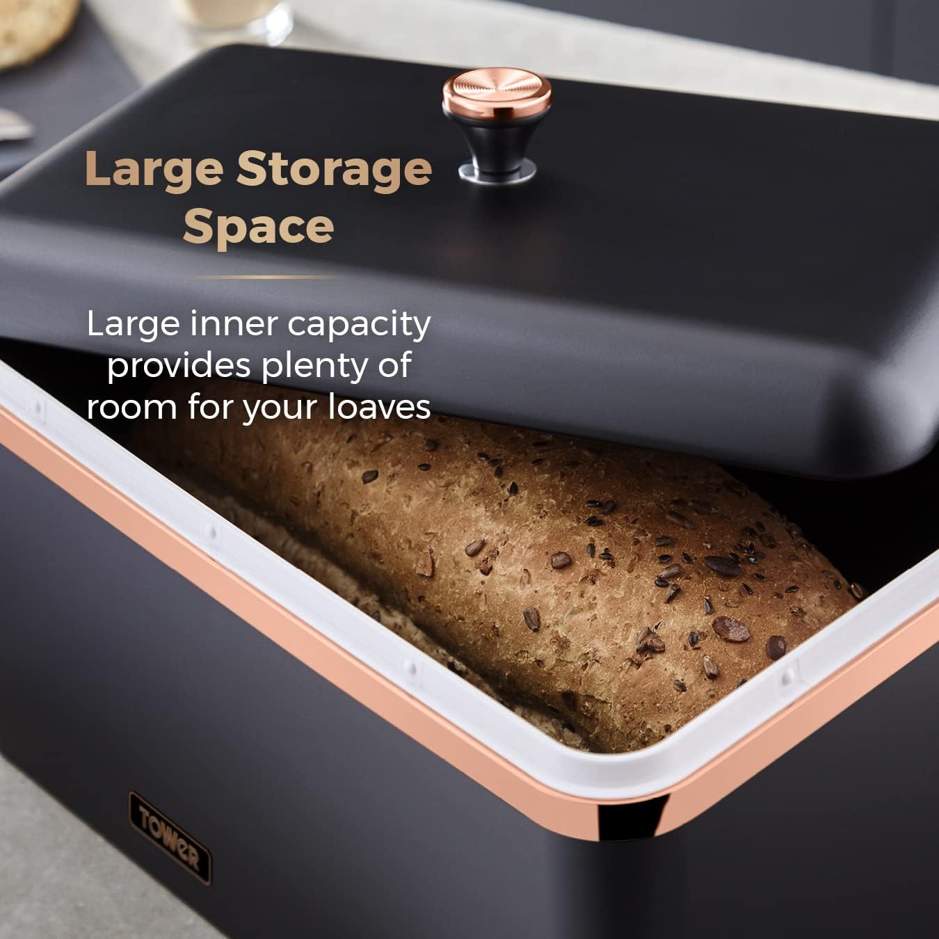 Tower T826130BLK Cavaletto Bread Bin with Removable Lid, Large Capacity, Durable Steel Body, Black and Rose Gold-2