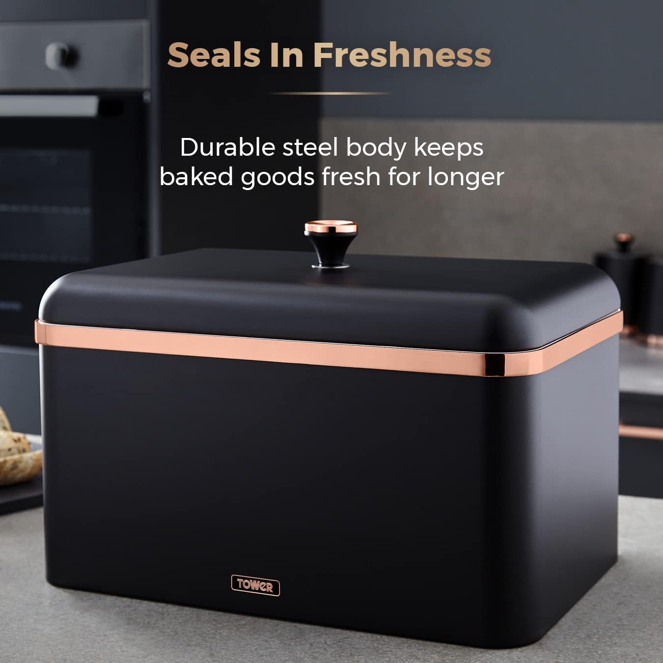 Tower T826130BLK Cavaletto Bread Bin with Removable Lid, Large Capacity, Durable Steel Body, Black and Rose Gold-3