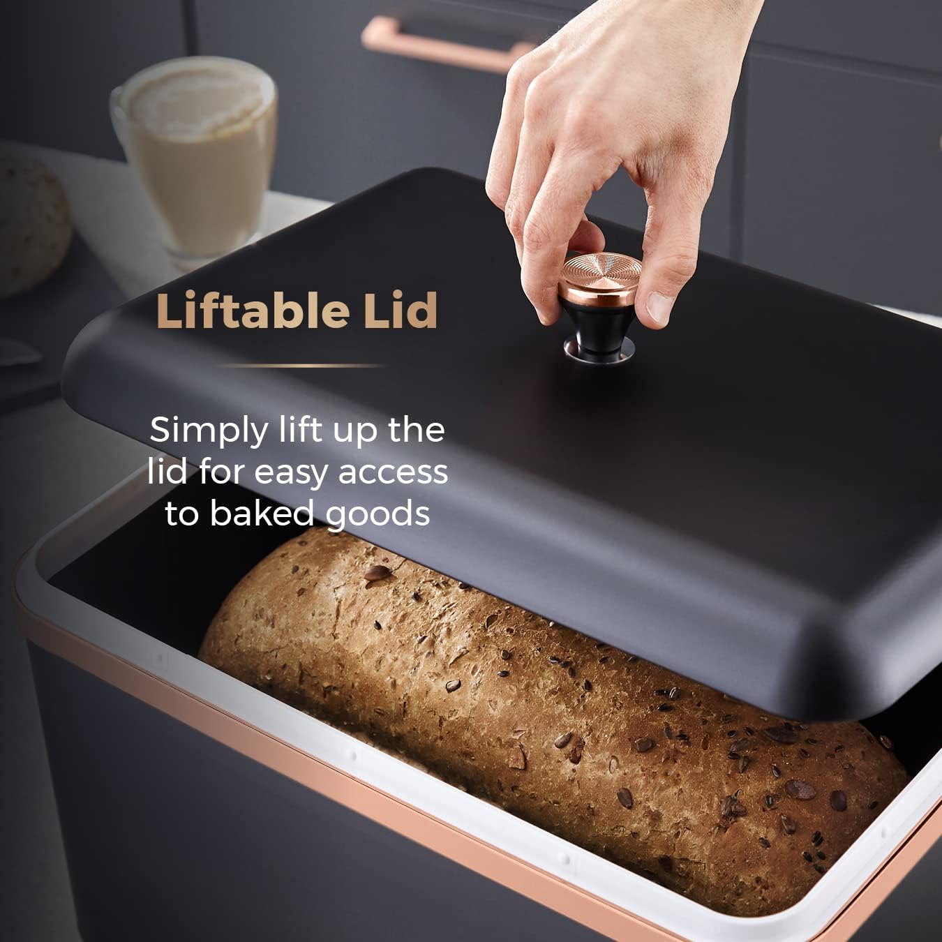 Tower T826130BLK Cavaletto Bread Bin with Removable Lid, Large Capacity, Durable Steel Body, Black and Rose Gold-4