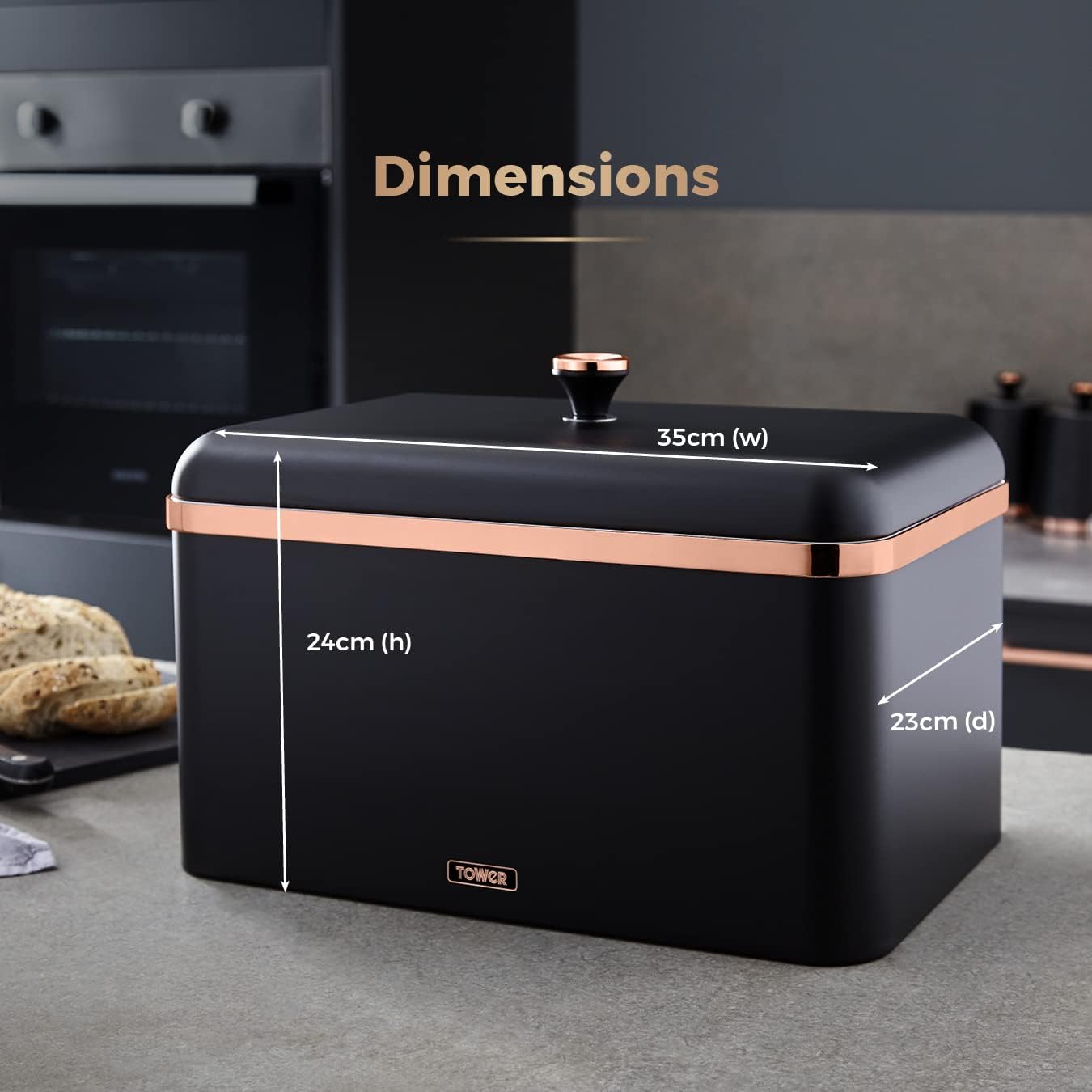 Tower T826130BLK Cavaletto Bread Bin with Removable Lid, Large Capacity, Durable Steel Body, Black and Rose Gold-6