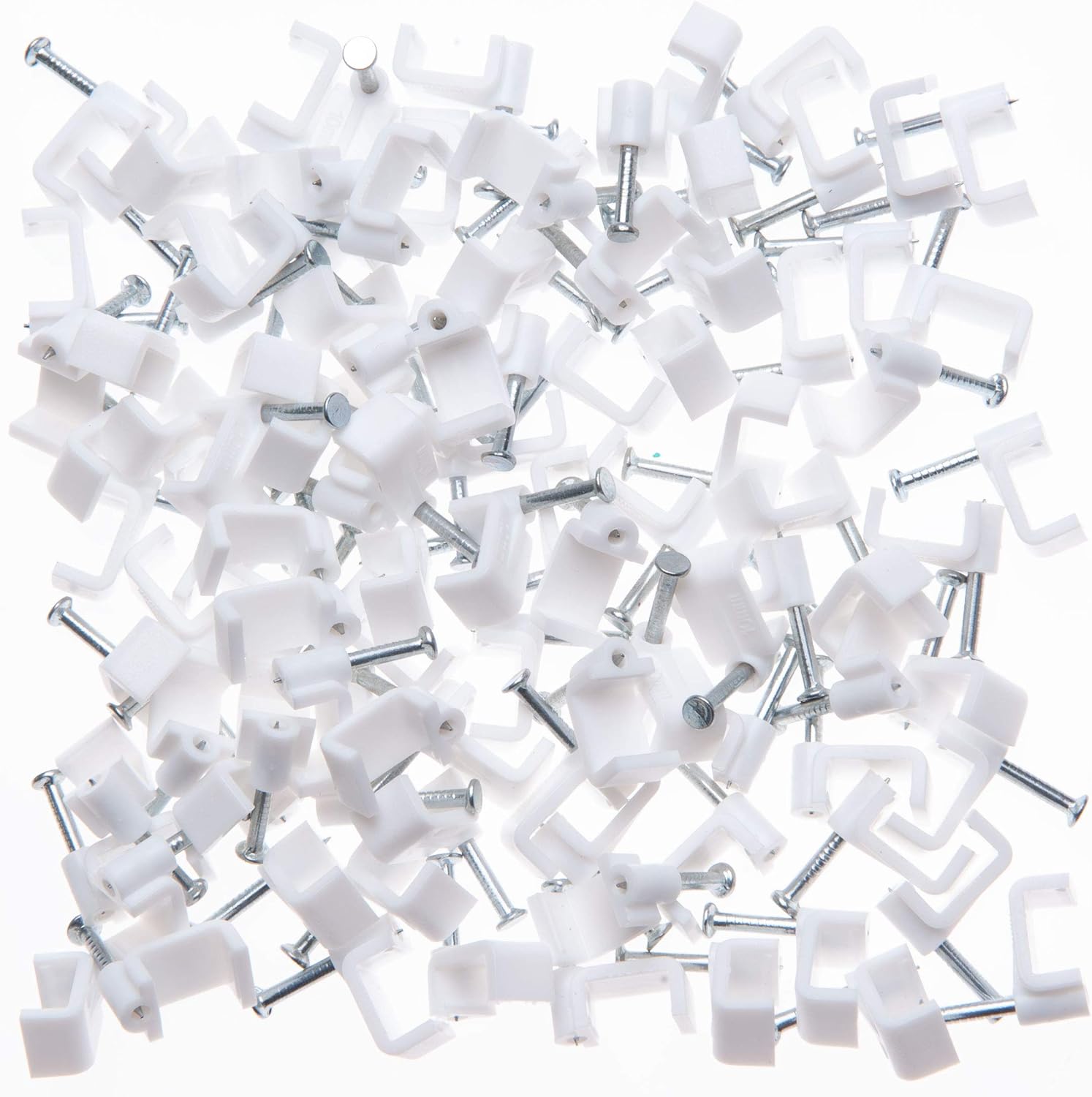 Flat White Cable Nail Clips 7mm Plastic Electrical Wire for Cat 5 5e / 6 6a / 7 | Cat.5 Cat.5e / Cat.6 Cat.6a / Cat.7 | 6P4C / 8P8C | RJ11 RJ45 Flat Patch Network Ethernet Internet Leads (Pack of 100)-0