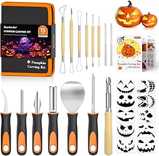 Shuttle Art 25 PCS Halloween Pumpkin Carving Kit, 15 PCS Professional Premium Quality Stainless Steel Pumpkin Carving Tool Set with 10 Pumpkin Stencils Carrying Case for Kids Adults Sculpting Carving