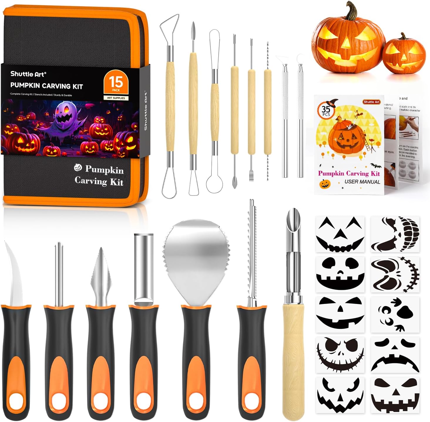 Shuttle Art 25 PCS Halloween Pumpkin Carving Kit, 15 PCS Professional Premium Quality Stainless Steel Pumpkin Carving Tool Set with 10 Pumpkin Stencils Carrying Case for Kids Adults Sculpting Carving-0