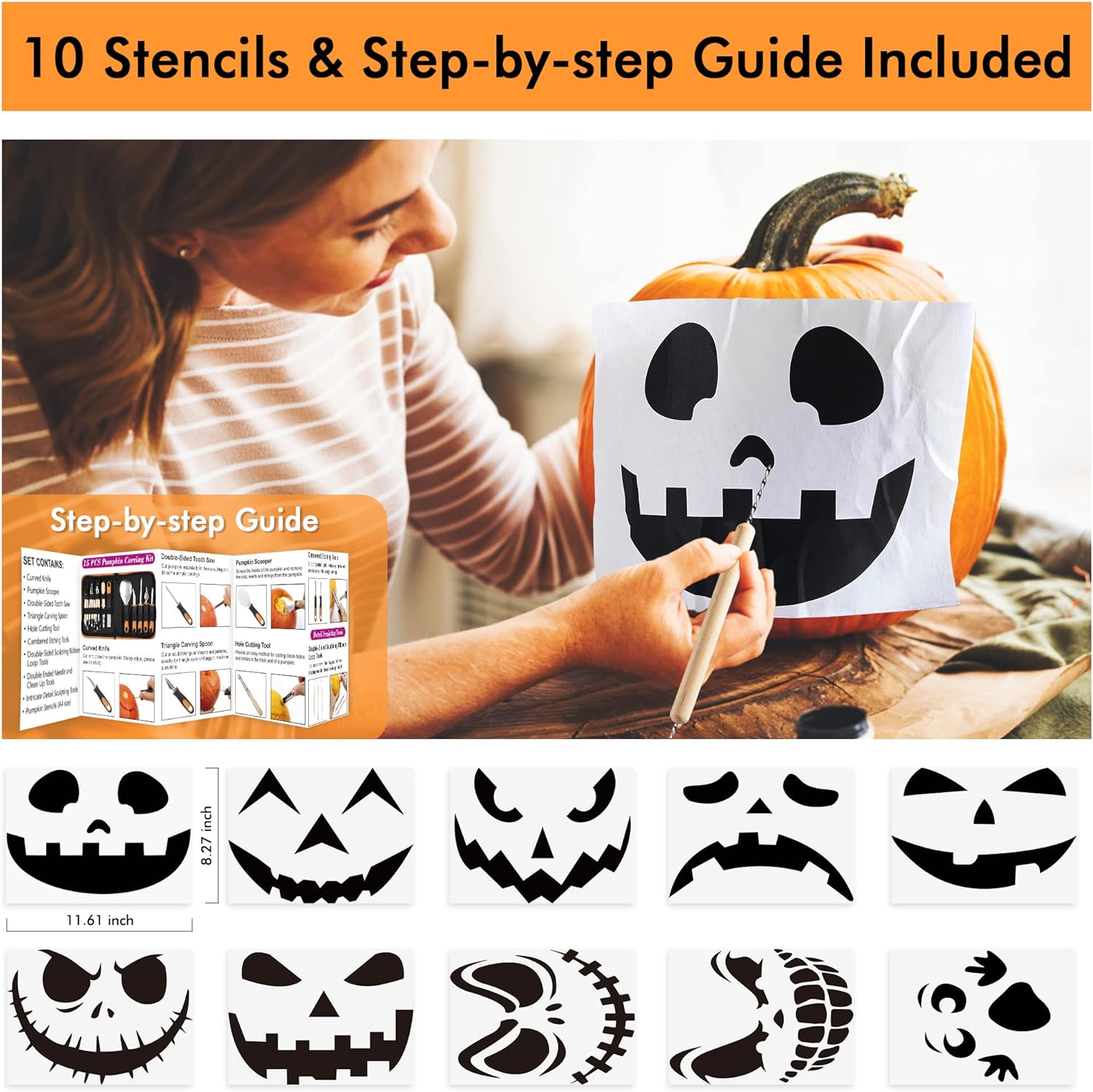 Shuttle Art 25 PCS Halloween Pumpkin Carving Kit, 15 PCS Professional Premium Quality Stainless Steel Pumpkin Carving Tool Set with 10 Pumpkin Stencils Carrying Case for Kids Adults Sculpting Carving-3