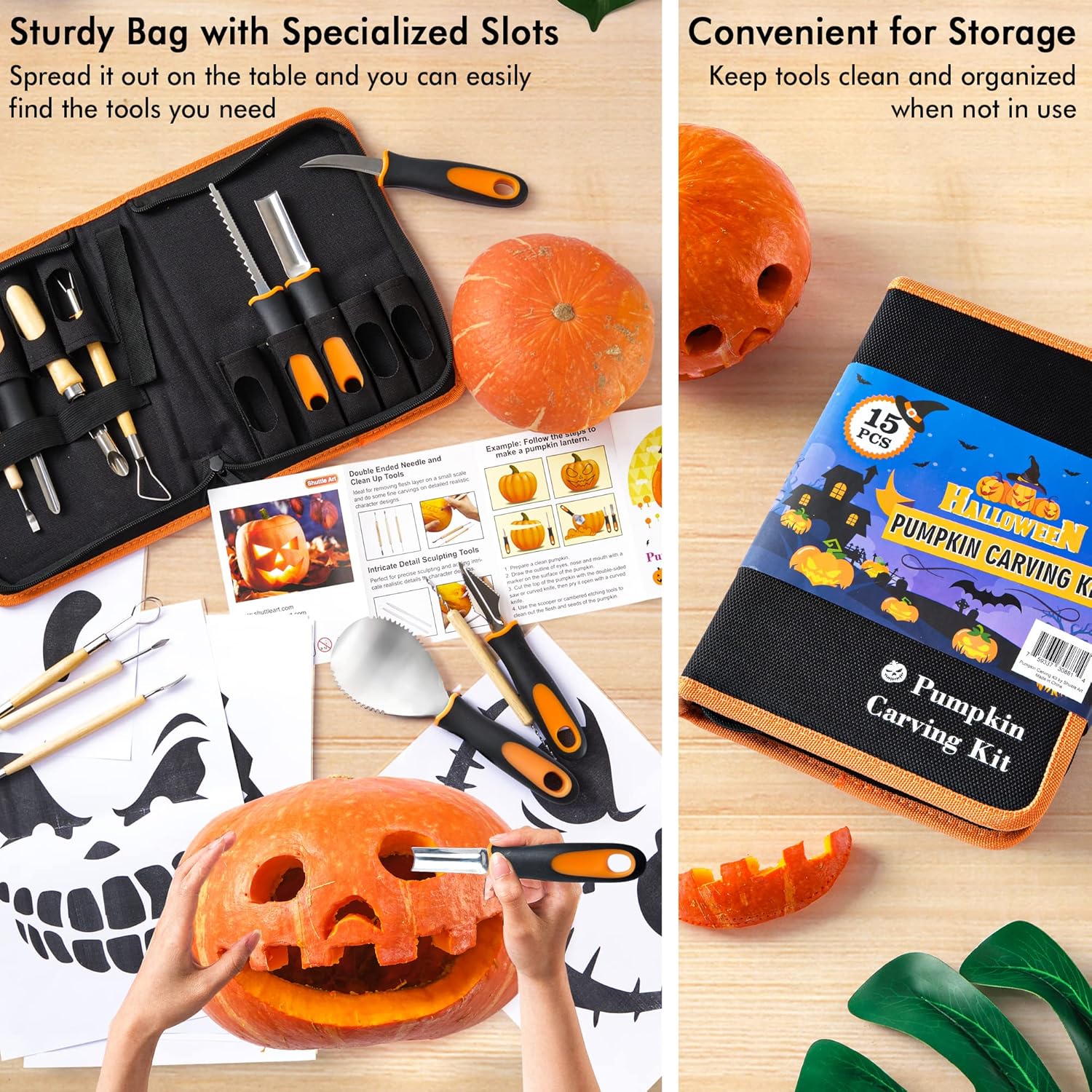 Shuttle Art 25 PCS Halloween Pumpkin Carving Kit, 15 PCS Professional Premium Quality Stainless Steel Pumpkin Carving Tool Set with 10 Pumpkin Stencils Carrying Case for Kids Adults Sculpting Carving-5