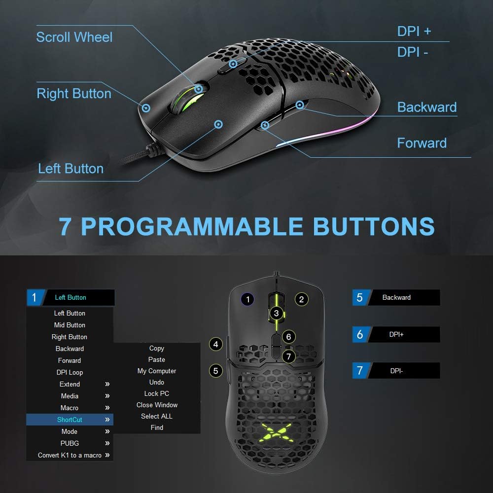 DeLUX Wired Gaming Mouse with 67G Ultralight, 12800DPI, RGB Backlit, 7 Programmable Buttons, 1000Hz Polling Rate, Honeycomb Gaming Optical Mouse for PC Gamer(M700BU A825 Black)-3