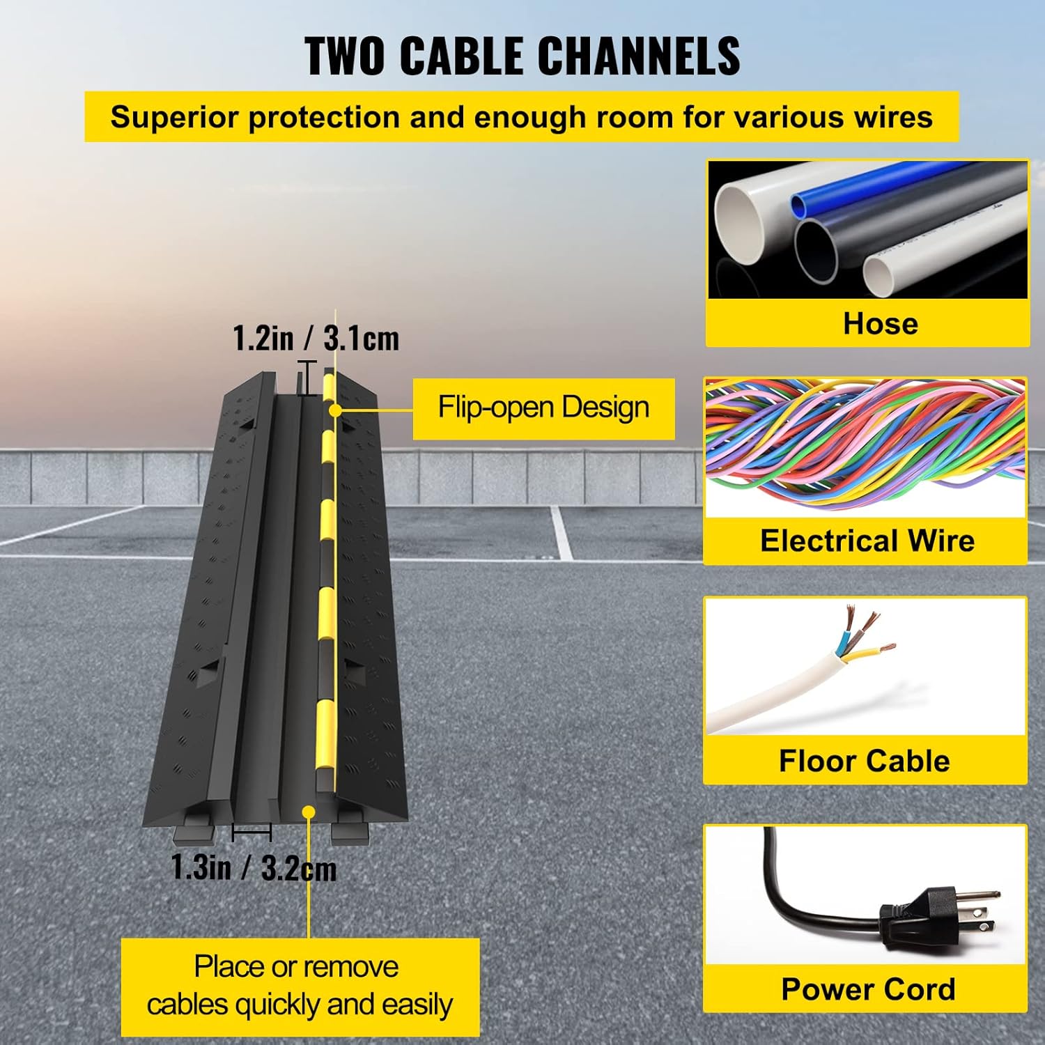 VEVOR 3 Pack of 2 11000lbs per Axle Capacity Protective Wire Cord Ramp Driveway Rubber Traffic Speed Bumps Cable Protector-2