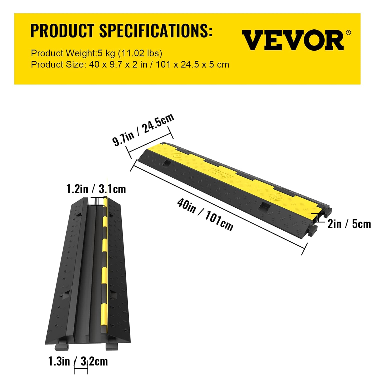 VEVOR 3 Pack of 2 11000lbs per Axle Capacity Protective Wire Cord Ramp Driveway Rubber Traffic Speed Bumps Cable Protector-6