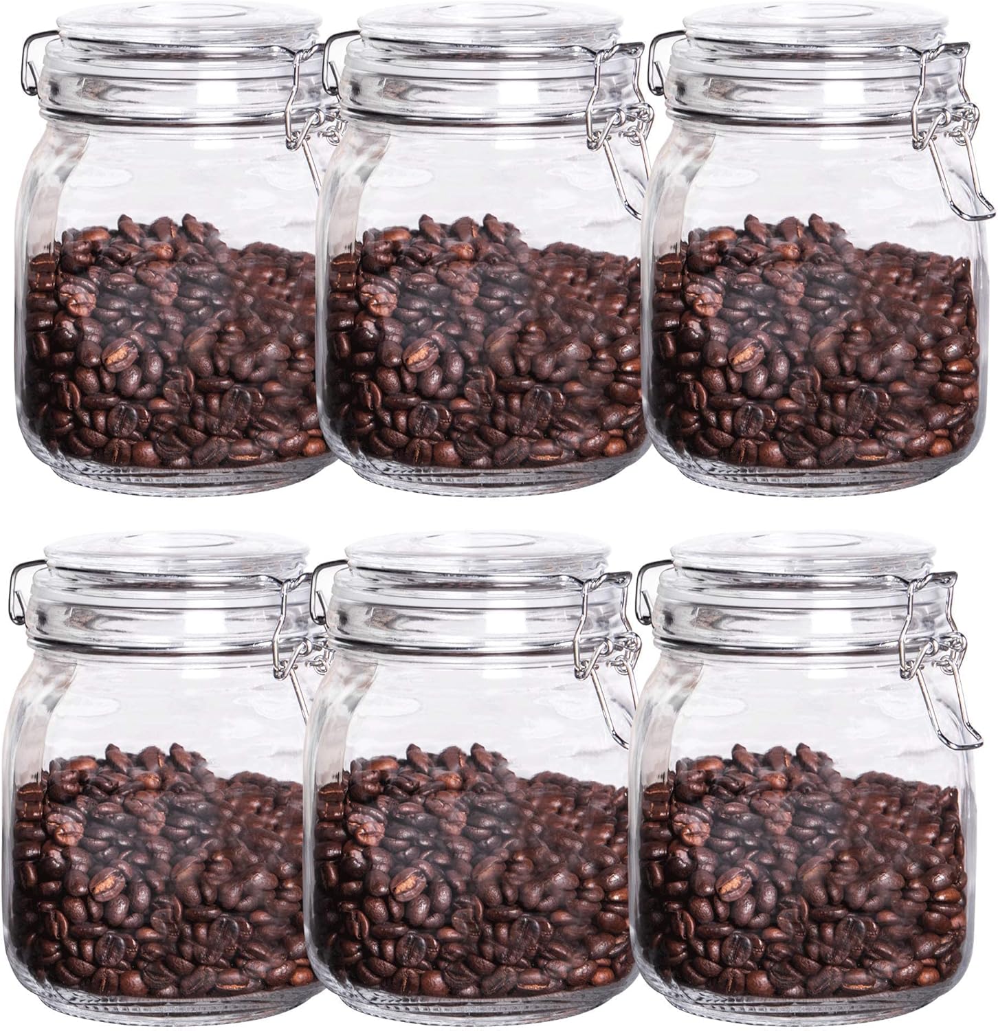 Maison & White 1L Clip Top Glass Jars - Set of 6 | Airtight Glass Storage | Perfect for Dry Food, Coffee Beans & Tea Bags | Kitchen Preserving & Spice Containers | M&W-1