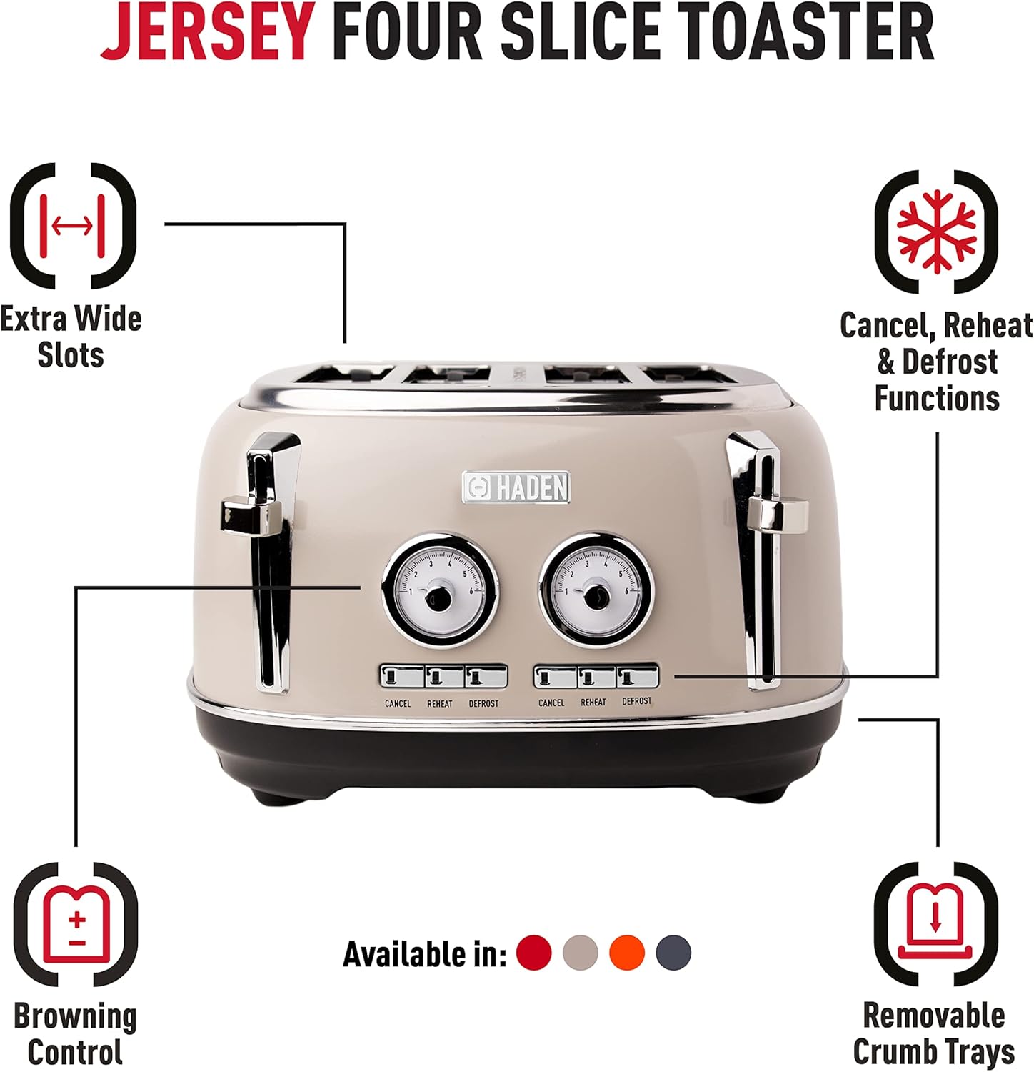 Haden Jersey Putty Retro 4 Slice Toaster - 4 Slot Toaster with Dual Control & Adjustable Browning - Stainless Steel Housing - Essential Kitchen Appliance-1