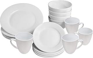 16 Piece White Porcelain Dinner Set | 4 Plates, Bowls and Cups | Party Dinnerware | Service Set for 4 | Dishwasher and Microwave Safe | Kitchen & Dining | M&W