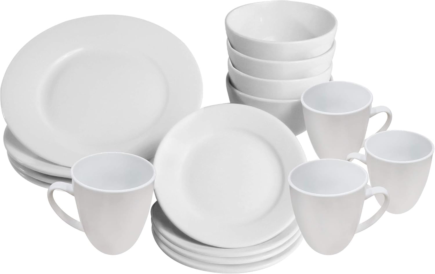 16 Piece White Porcelain Dinner Set | 4 Plates, Bowls and Cups | Party Dinnerware | Service Set for 4 | Dishwasher and Microwave Safe | Kitchen & Dining | M&W-0