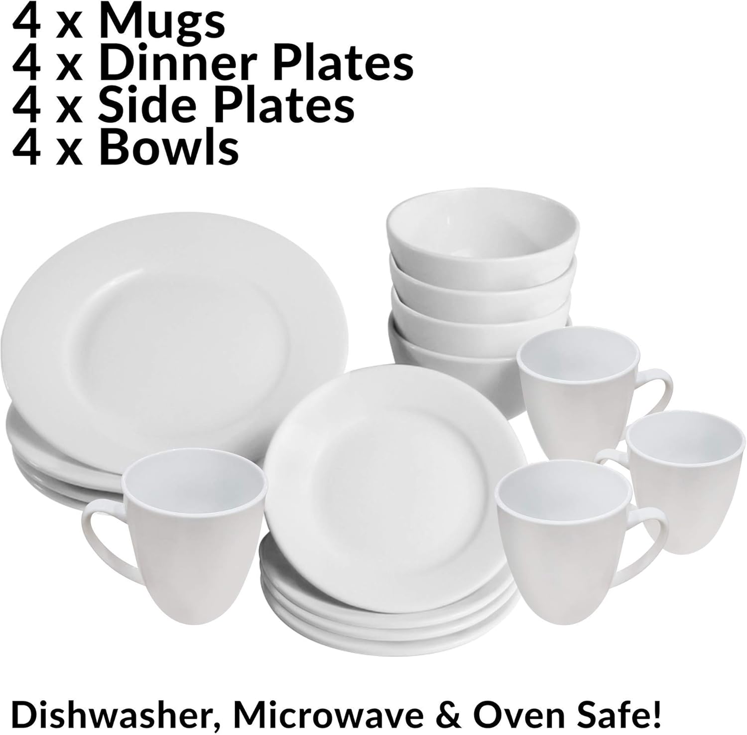 16 Piece White Porcelain Dinner Set | 4 Plates, Bowls and Cups | Party Dinnerware | Service Set for 4 | Dishwasher and Microwave Safe | Kitchen & Dining | M&W-4