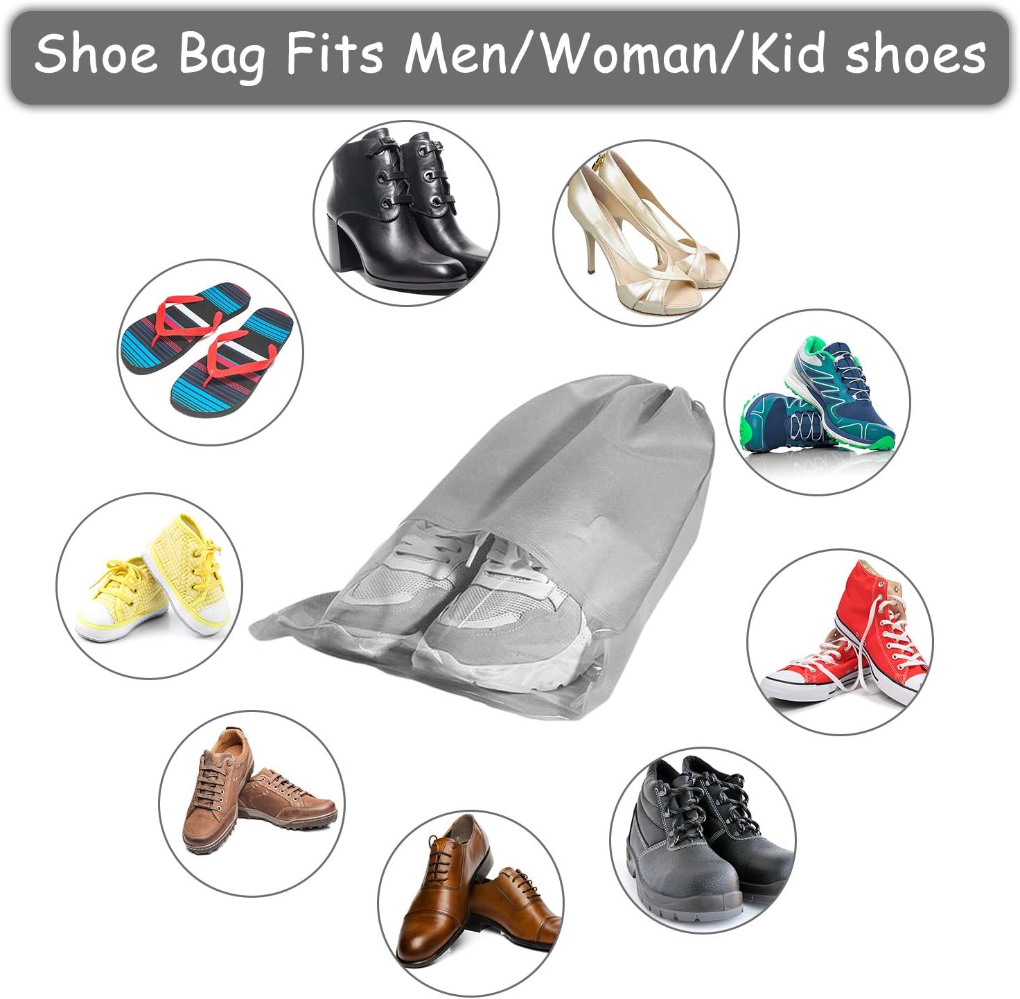 15 PCS Travel Shoe Bag, Large Portable Drawstring Shoes Storage Bags Non-Woven Dust Proof Pouch Space Saving Organizer with Transparent Slot for Men Women Daily and Travel Use (Grey)-3