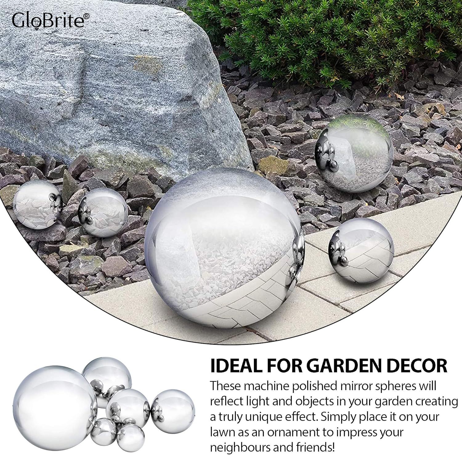 GloBrite 6 Pcs Garden Gazing Ball - 50-150mm Stainless Steel Mirror Polished Reflective Hollow Ball Ornament Sphere Globe for Home Outdoor Christmas Decorations (Set of 6 Pcs)-2