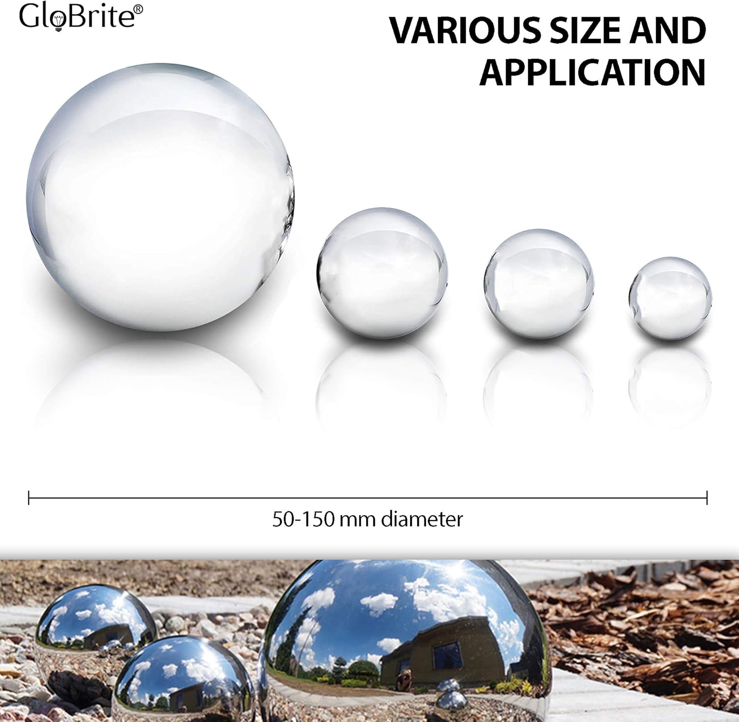 GloBrite 6 Pcs Garden Gazing Ball - 50-150mm Stainless Steel Mirror Polished Reflective Hollow Ball Ornament Sphere Globe for Home Outdoor Christmas Decorations (Set of 6 Pcs)-3