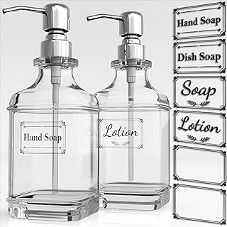 GLADPURE Soap Dispenser - 2 Pack, 18 Oz Antique Design Thick Glass Hand Soap Dispensers; with 304 Rust Proof Stainless Steel Pump, 6Pcs Clear Stickers, for Kitchen, Bathroom