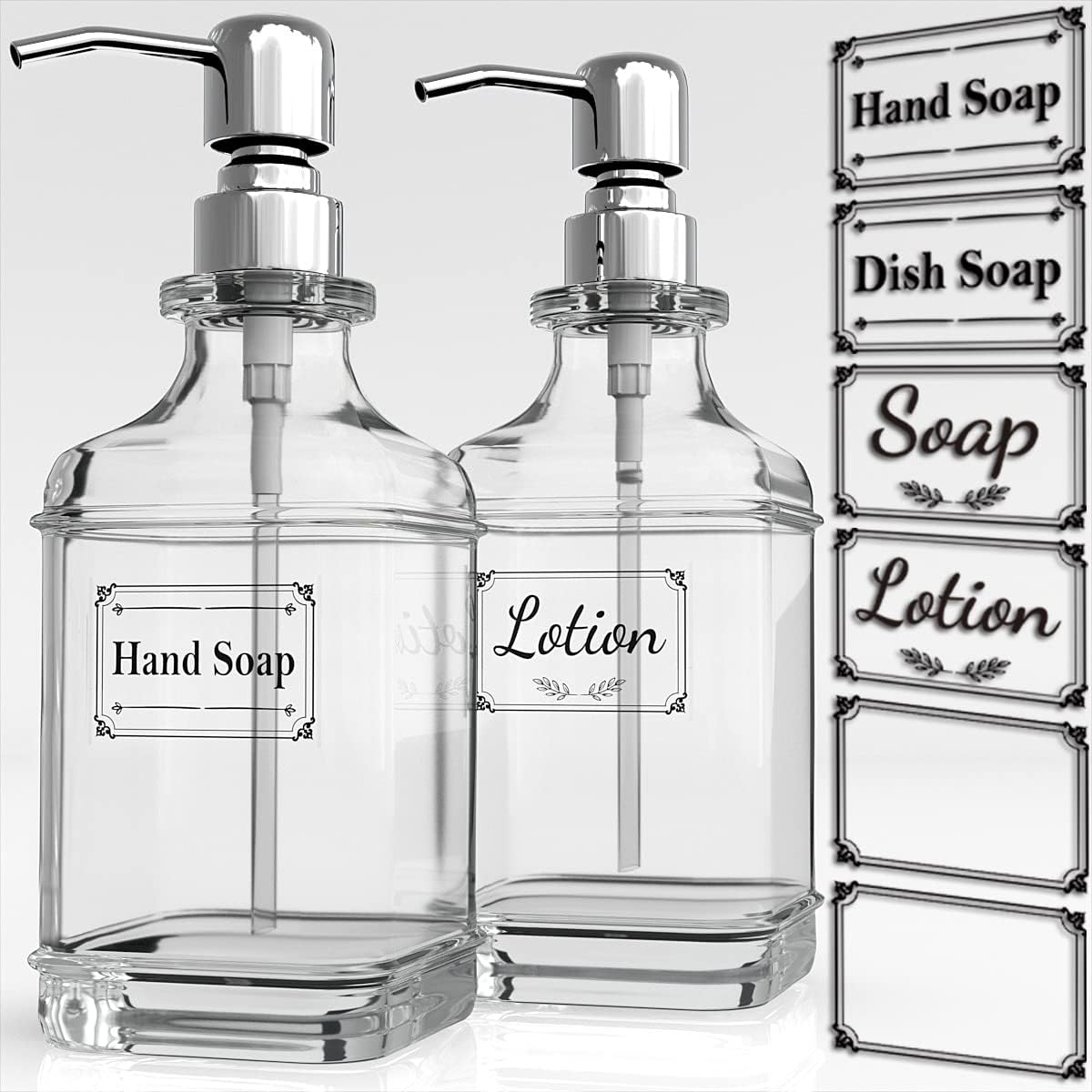 GLADPURE Soap Dispenser - 2 Pack, 18 Oz Antique Design Thick Glass Hand Soap Dispensers; with 304 Rust Proof Stainless Steel Pump, 6Pcs Clear Stickers, for Kitchen, Bathroom-0