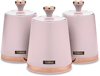 Tower Tower T826131PNK Cavaletto Set of 3 Storage Canisters for Tea/Coffee/Sugar, Steel, Marshmallow Pink and Rose Gold, One Size