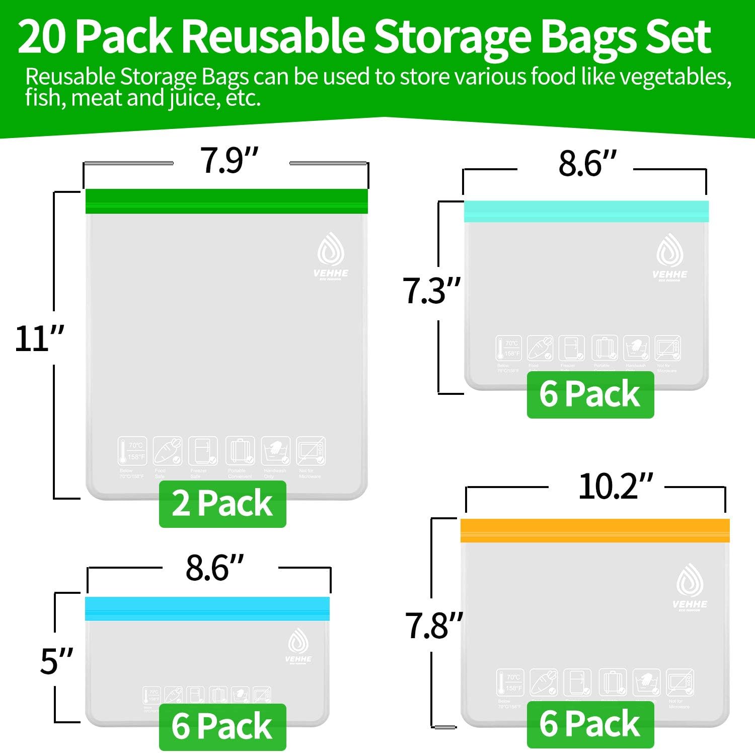 VEHHE 20 Pack Reusable Food Storage Bags (2 Gallon Reusable Freezer Bags + 6 Reusable Sandwich Bags + 6 Reusable Ziplock Bags + 6 Snack Bags) Leakproof Lunch Bags for Travel Jewelry Make-Up-1