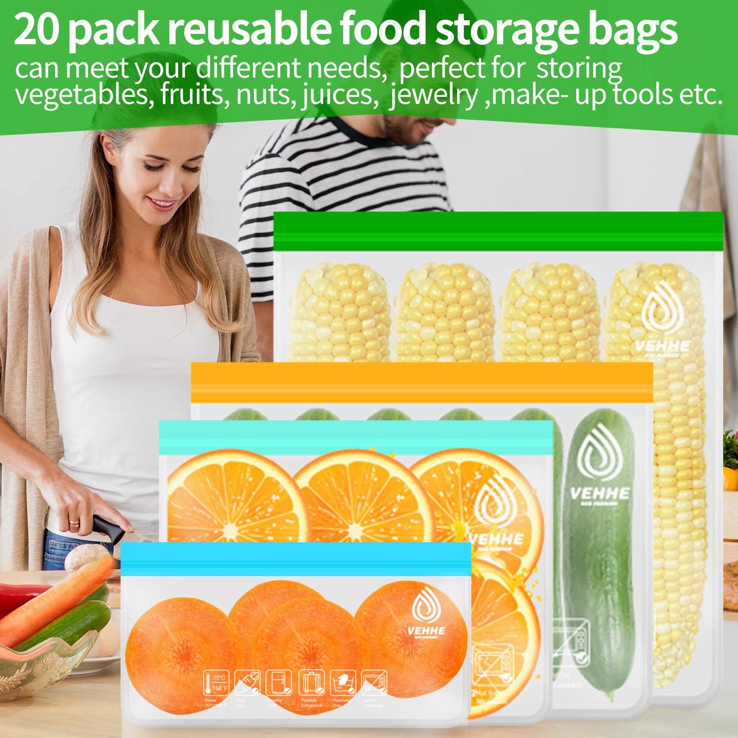 VEHHE 20 Pack Reusable Food Storage Bags (2 Gallon Reusable Freezer Bags + 6 Reusable Sandwich Bags + 6 Reusable Ziplock Bags + 6 Snack Bags) Leakproof Lunch Bags for Travel Jewelry Make-Up-6