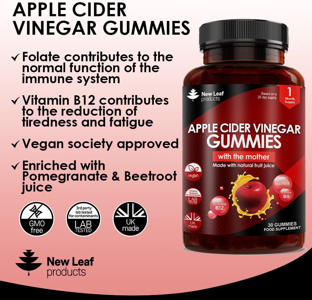 Apple Cider Vinegar Gummies Vegan With The Mother High Strength + Vitamin B12 Folate Pomegranate & Beetroot – Fresh Pure Unfiltered Vinegar Not Powder Apple Cider Vinegar Gummy 1 Per Serving-2