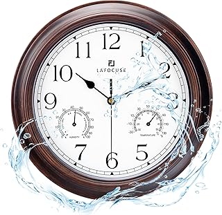 Lafocuse Mahogany Color Retro Wall Clock with Thermometer and Hygrometer, Kitchen Silent Wall Clock for Garage 12 Inch Living Room Bedroom Office