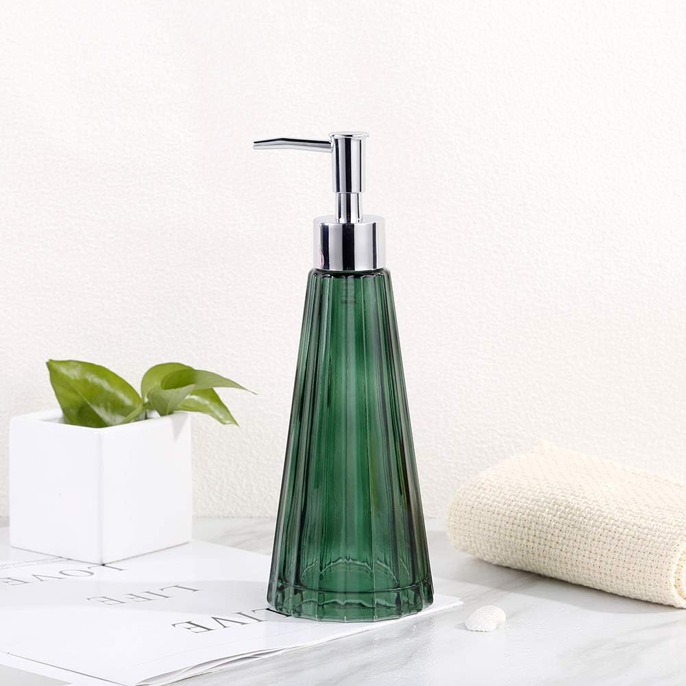 YunNasi Glass Soap Dispenser with Pump, Refillable Liquid Hand Soap Dish Soap Dispensers for Bathroom Counter, Kitchen Sink (Dark green)-1