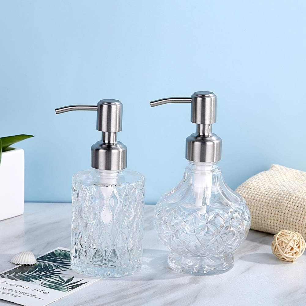 YunNasi Glass Soap Dispenser with Stainless Steel Pump, Clear Crystal Design, Vintage and Elegant, Refillable Liquid Hand Soap Dish Soap Dispensers for Bathroom Counter, Kitchen Sink (Style 1)-4