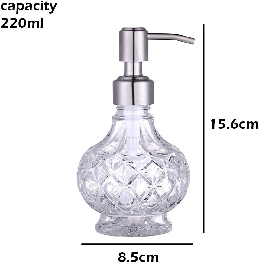 YunNasi Glass Soap Dispenser with Stainless Steel Pump, Clear Crystal Design, Vintage and Elegant, Refillable Liquid Hand Soap Dish Soap Dispensers for Bathroom Counter, Kitchen Sink (Style 1)-6